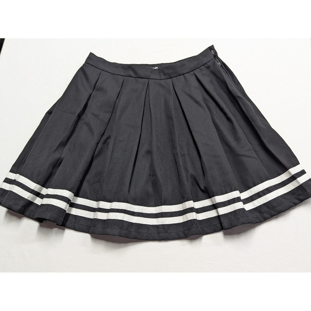 Hot Topic Black Pleated Mini Skirt White Stripes Side Zip XS